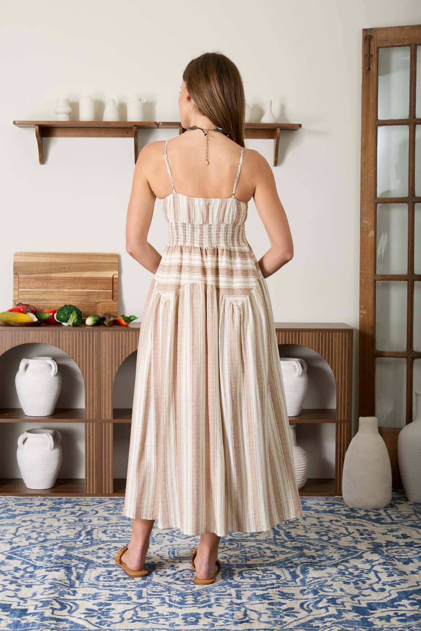 Brown & White Striped Midi Dress