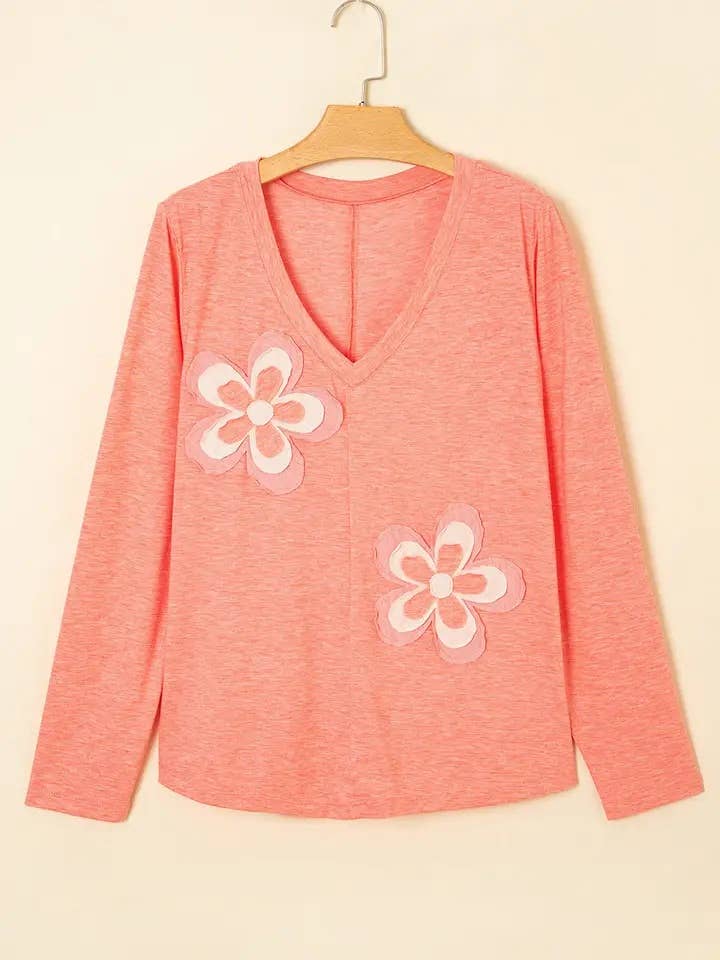Floral Patchwork V Neck Long Sleeve Tee